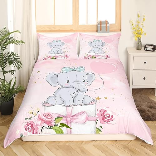 Miniatura 3 de Juego de ropa de cama Kawaii con elefantes para niñas, funda de edredón rosa en acuarela para adolescentes, funda de edredón con patrón de estrellas