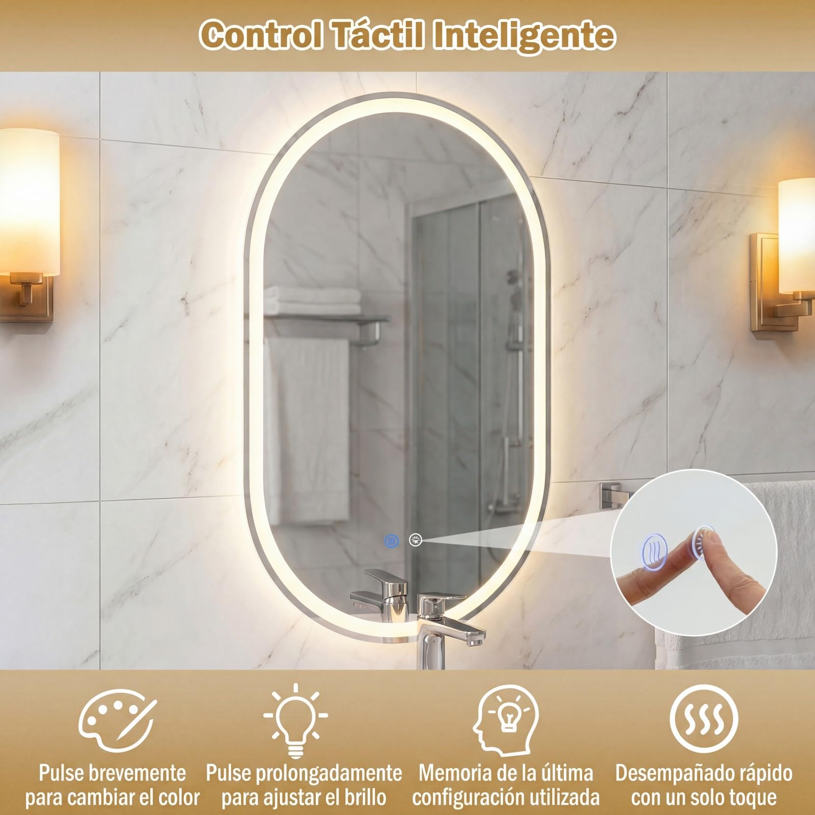 COSTWAY Espejo de Baño Iluminado con LED, Espejo Ovalado sin Marco Resistente a Roturas, Temperatura de Color Regulable en 3 Modos, con Interruptor Táctil, Función Antivaho (80 x 50 cm)