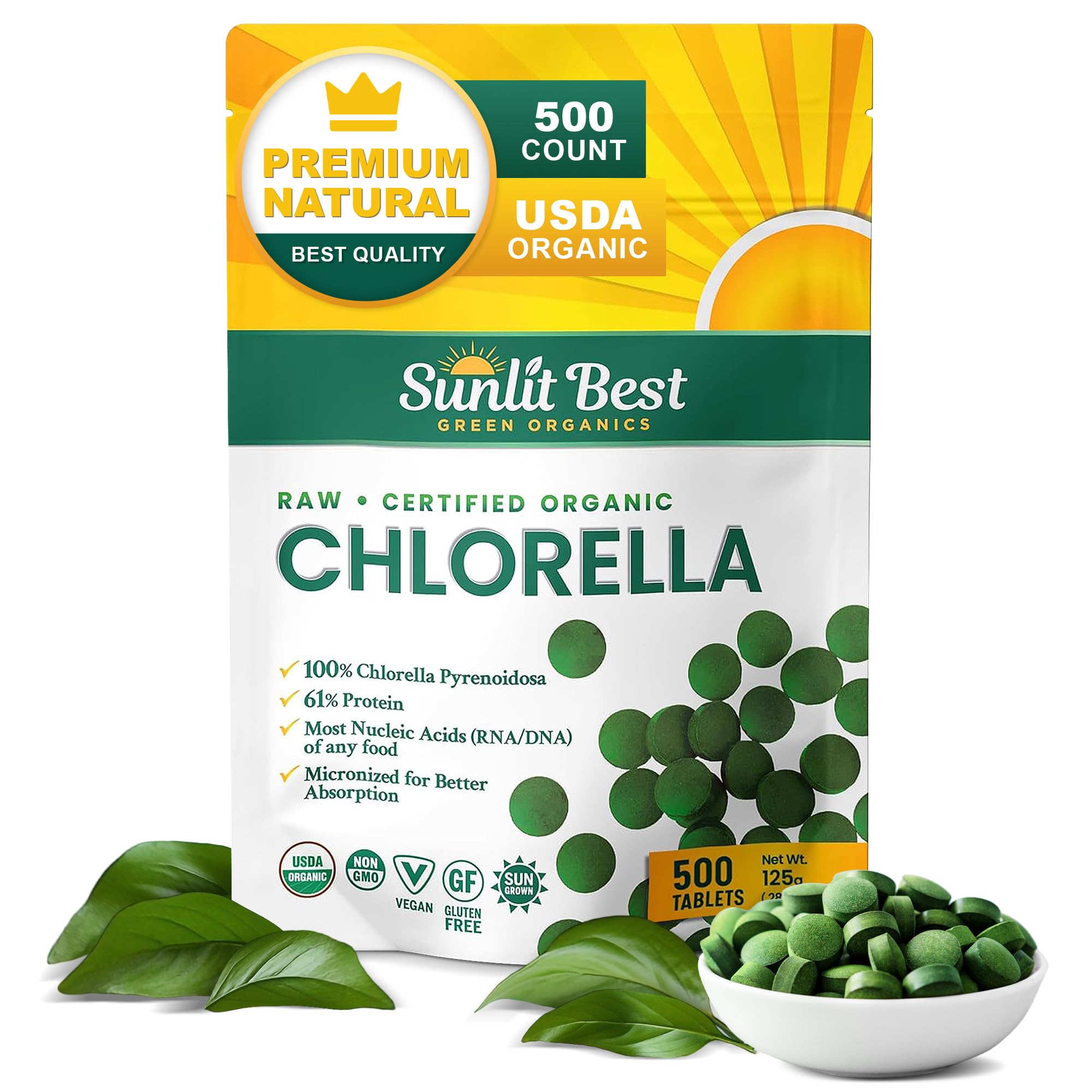 Sunlit Best USDA Organic Premium Chlorella Tablets 500 Tabs | 100% Pure Chlorella Superfood Supplement High in Protein, Chlorophyll, Vitamins, & Minerals | Supports Good Health, Wellbeing & Recovery