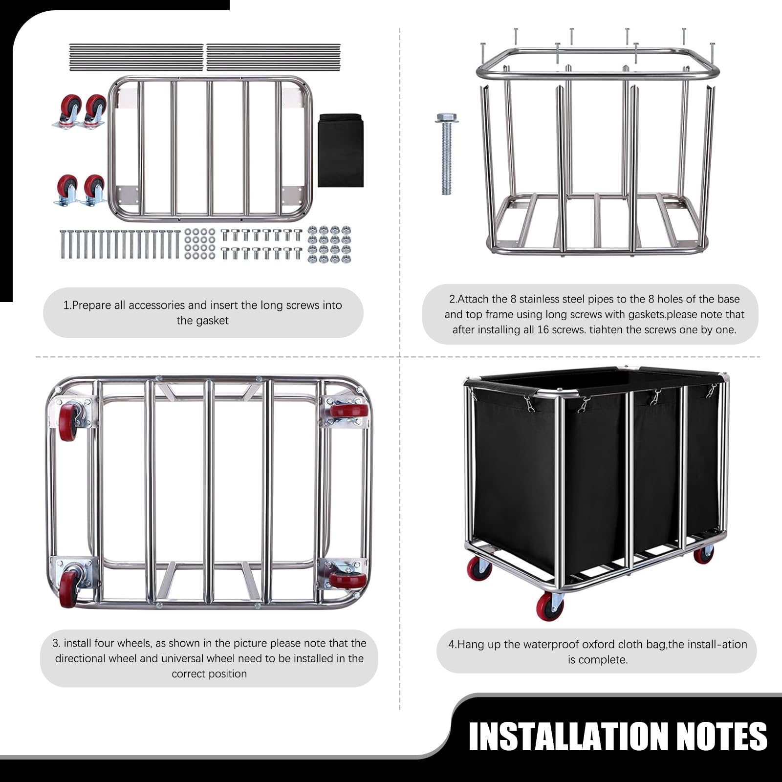 Carrello portabiancheria commerciale, grande 400 litri con tela impermeabile rimovibile, cesto portabiancheria in acciaio inossidabile resistente con ruote per hotel e ospedale, carico di 199,6 kg