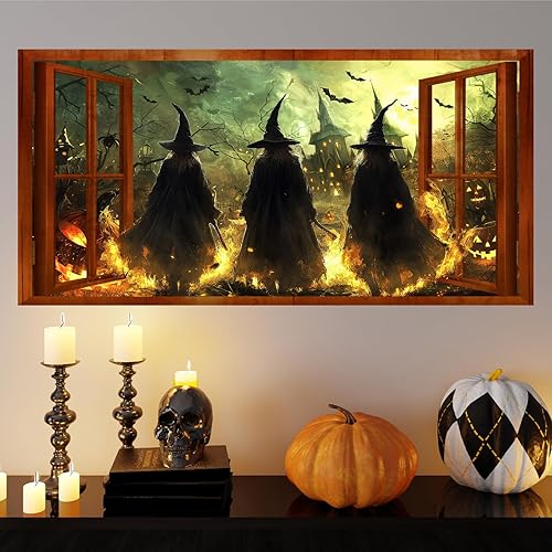 Calcomanías de pared de bruja de Halloween 3D con escena de Halloween, calcomanías de pared falsas para ventana, mural grande, papel tapiz de