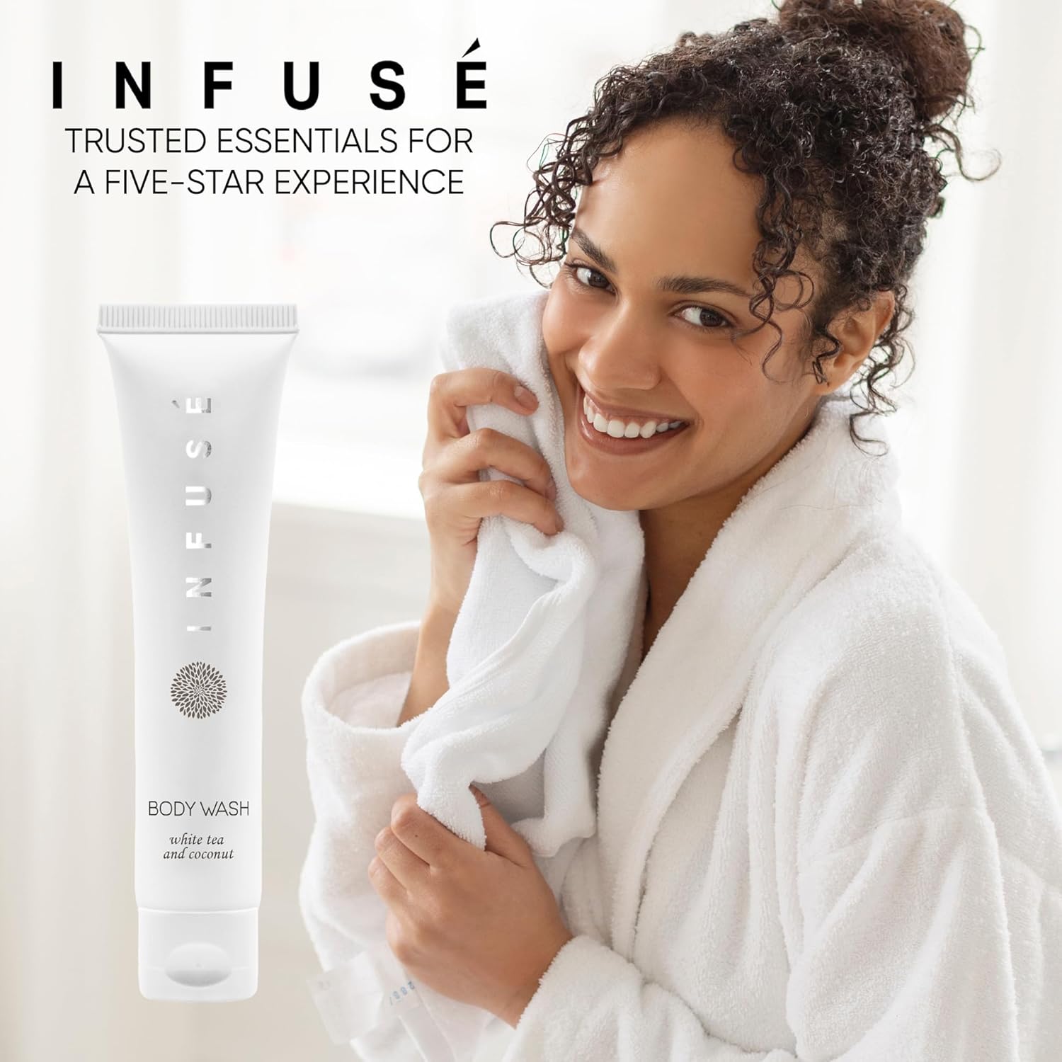 Travel Size Hotel Body Wash 200 Count 1 oz Bottles Guest Amenities for Hotels Vacation Rentals and Short Term Rentals Paraben Free White Tea and Coconut Scent Infused with Aloe and Olive Oil by INFUSE