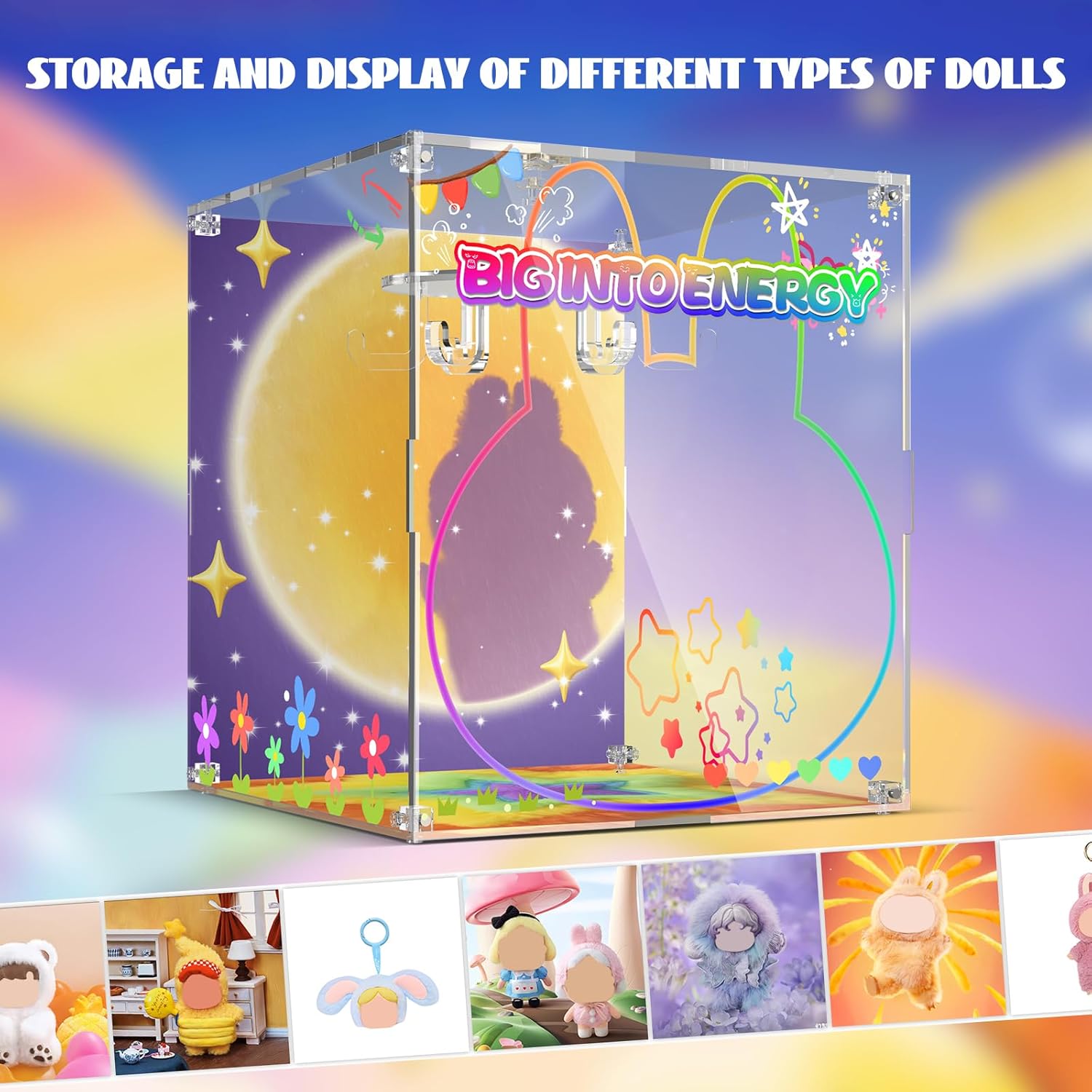 Rotating Display Case Compatible with Plush Doll, Acrylic Display Box for Collectible Figures, Holds up to 6pcs, Display Stand with Magnetic Door, Storage Case with Printed Backdrop, Gift for Fans