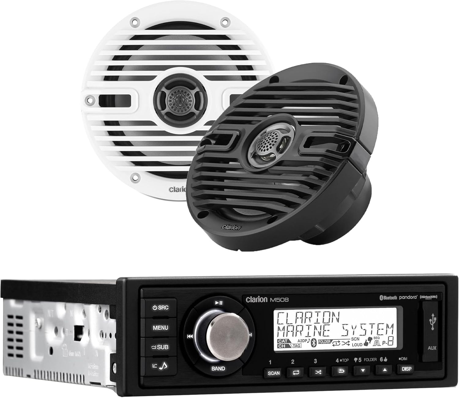 Clarion M508 Marine Single Din with CMS-651-CWB 6.5-inch Marine Coaxial Speakers, Classic Grilles