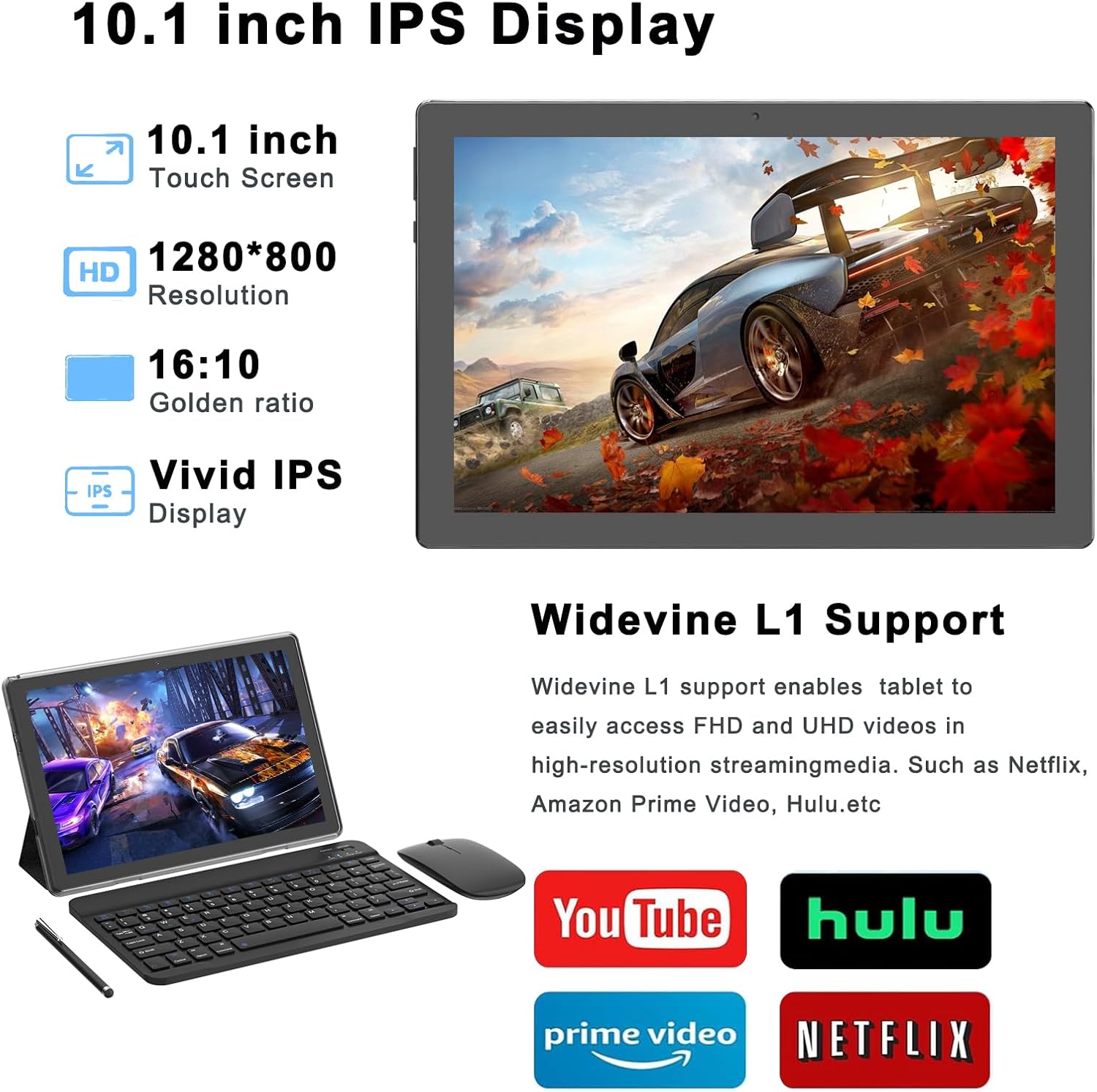Tablet screen showing a high-resolution video, with icons for YouTube, Hulu, Prime Video, and Netflix, indicating Widevine L1 support.