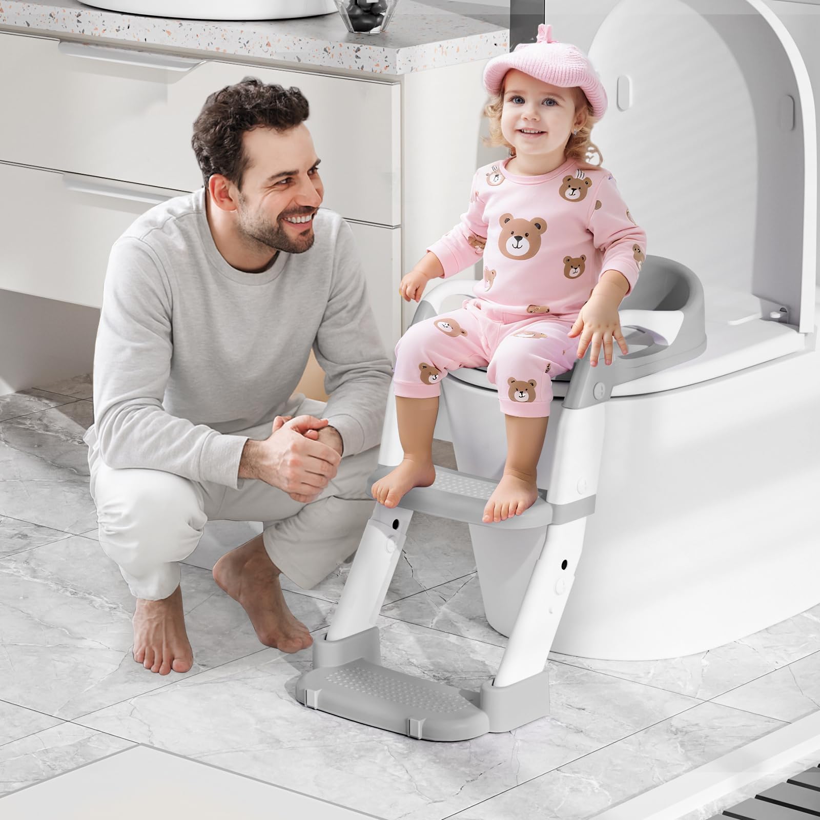 Riduttore WC Bambini con Scaletta, Multifunzione 3 In 1 Scaletta WC Per Water Bambini con Vasino Removibile, Paraspruzzi Estesi Regolabile e Pieghevole Sgabello Antiscivolo, Adattatore per Bambino