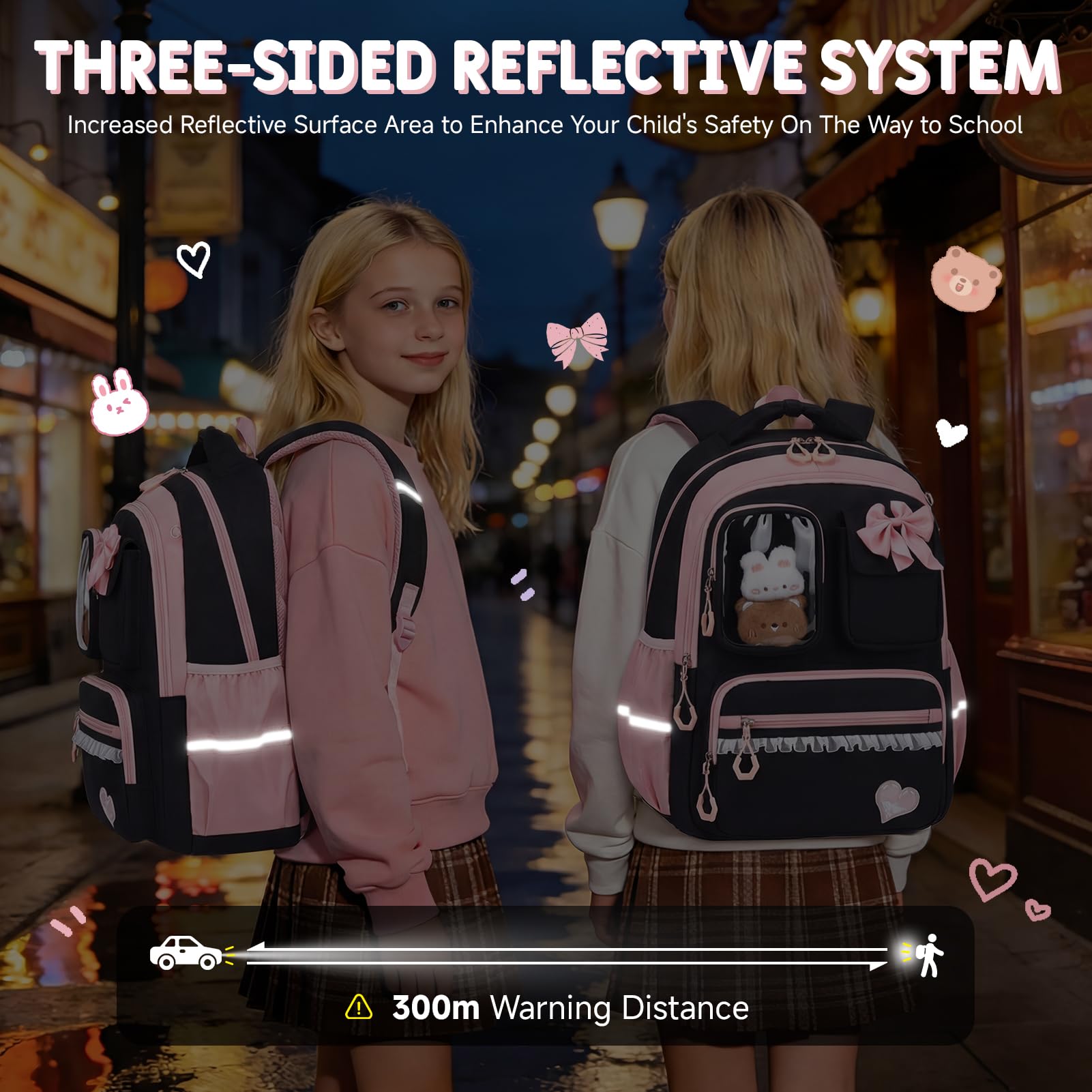 Amythe Schultasche Mädchen Rucksack Kinder 22 Liter Schwarz Rosa Reflektierend