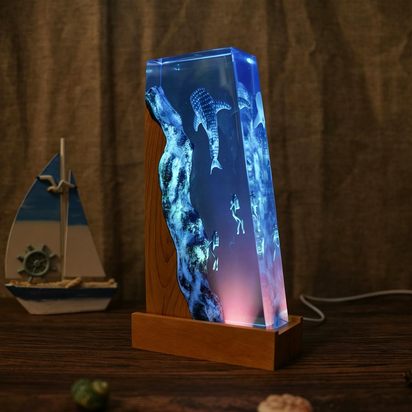 FGJtguE Woods lamp, with Multiple Marine Themes,Handcrafted Epoxy Wood Night Light for Desk Decor,Birthday Lovers(P)
