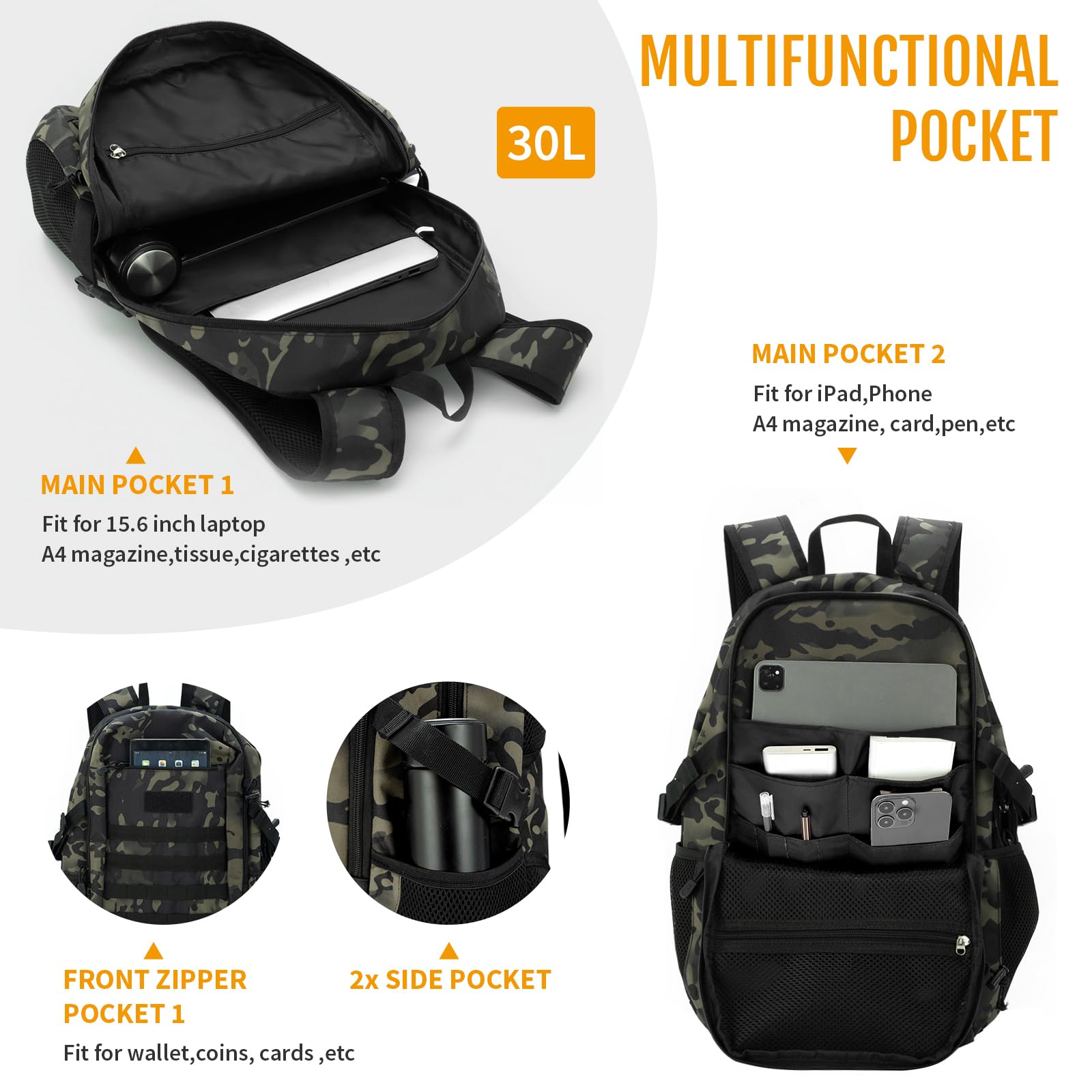 Zaino Tattico HUNTVP 20L - Militare, Con Sistema MOLLE, Per Trekking E Sport - Foto 11