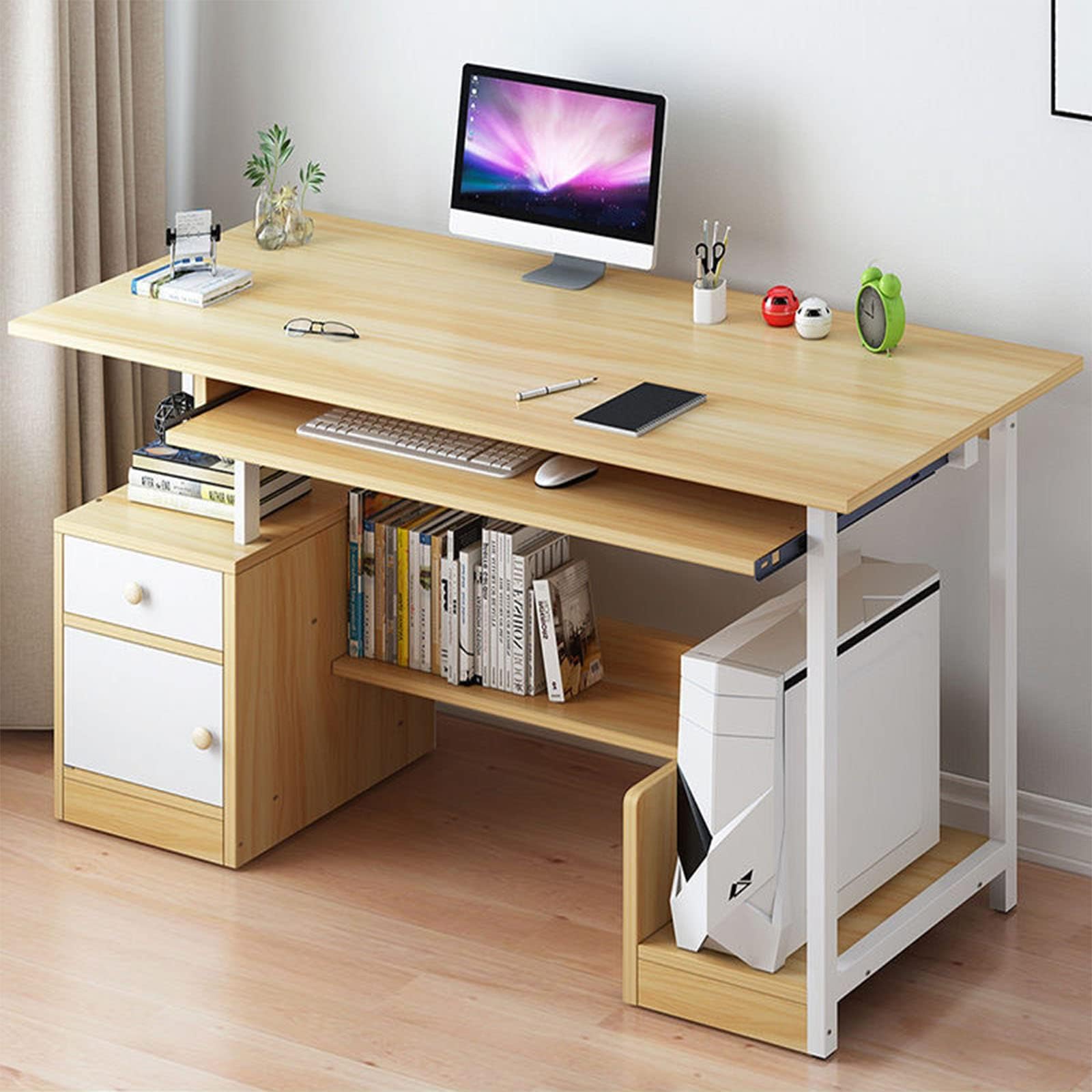 FTHOME Modern Simple Study Table Gaming Desk Workstation,Wood Home Office Desk With With Keyboard Tray,Computer Desk With Drawers And Storage Shelves-D 110x45x72cm(43x18x28inch)