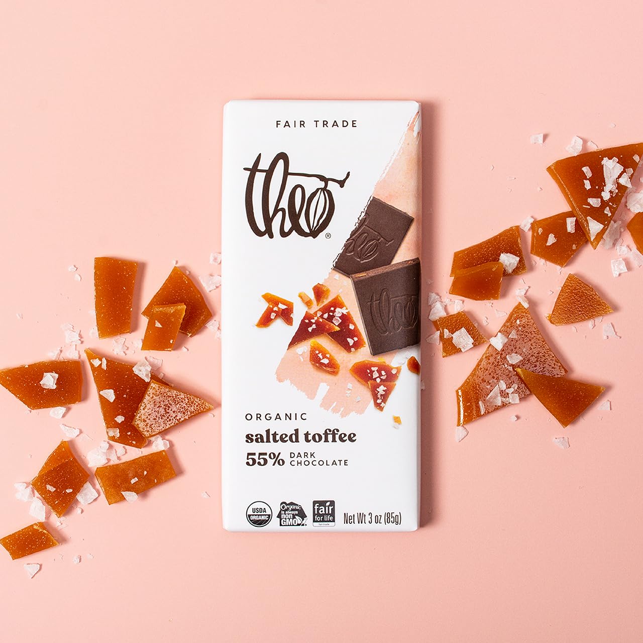 Theo Chocolate Salted Toffee Organic Dark Chocolate Bar, 55% Cacao, 12 Pack | Fair Trade