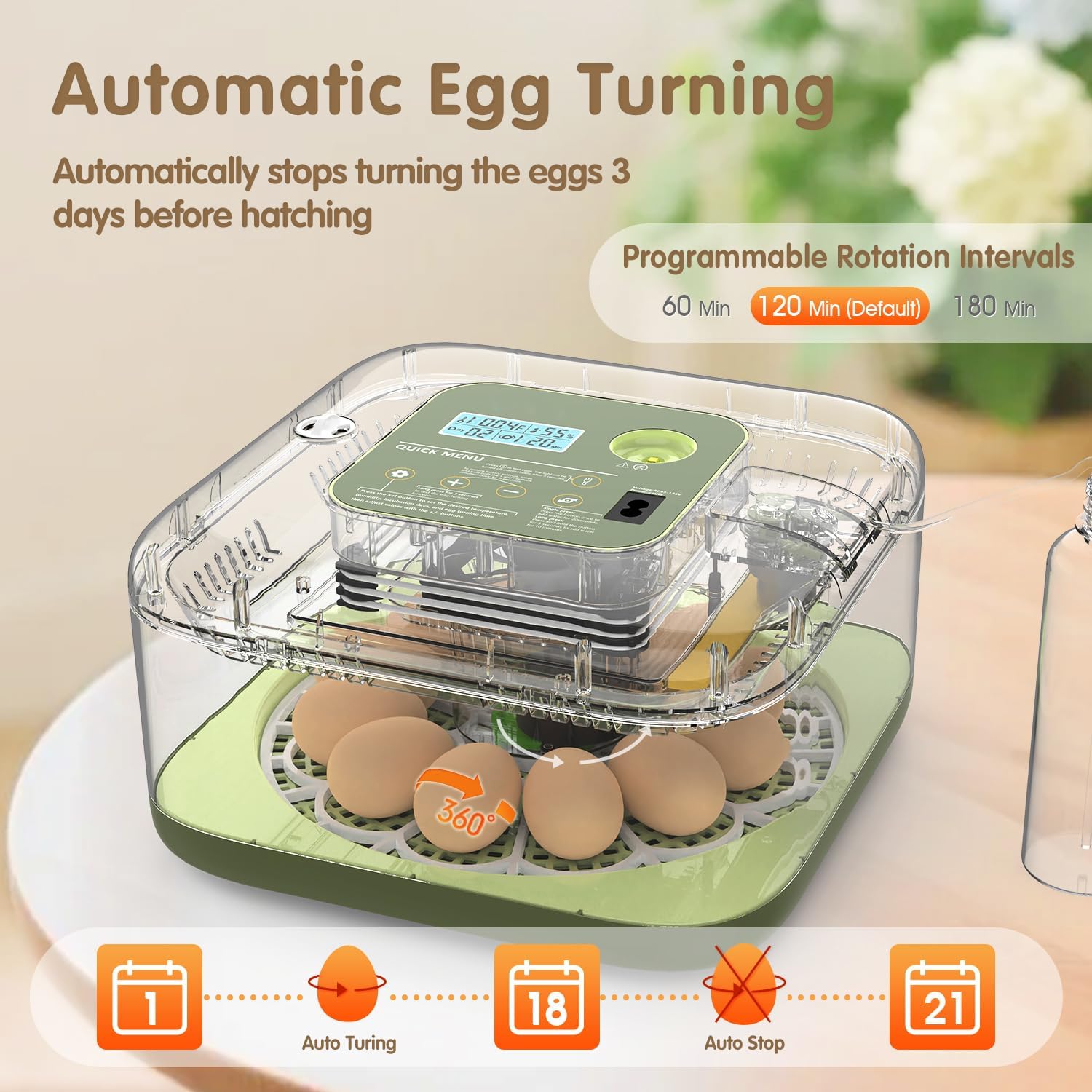 HOWOOlUA 70 Egg Incubator for Hatching Eggs withAuto Turn, Temp & Humidity Control, Built-in CandleLarge Capacity Egg Incubator for Chicken Duck Goose Eggs (12-GREEN)