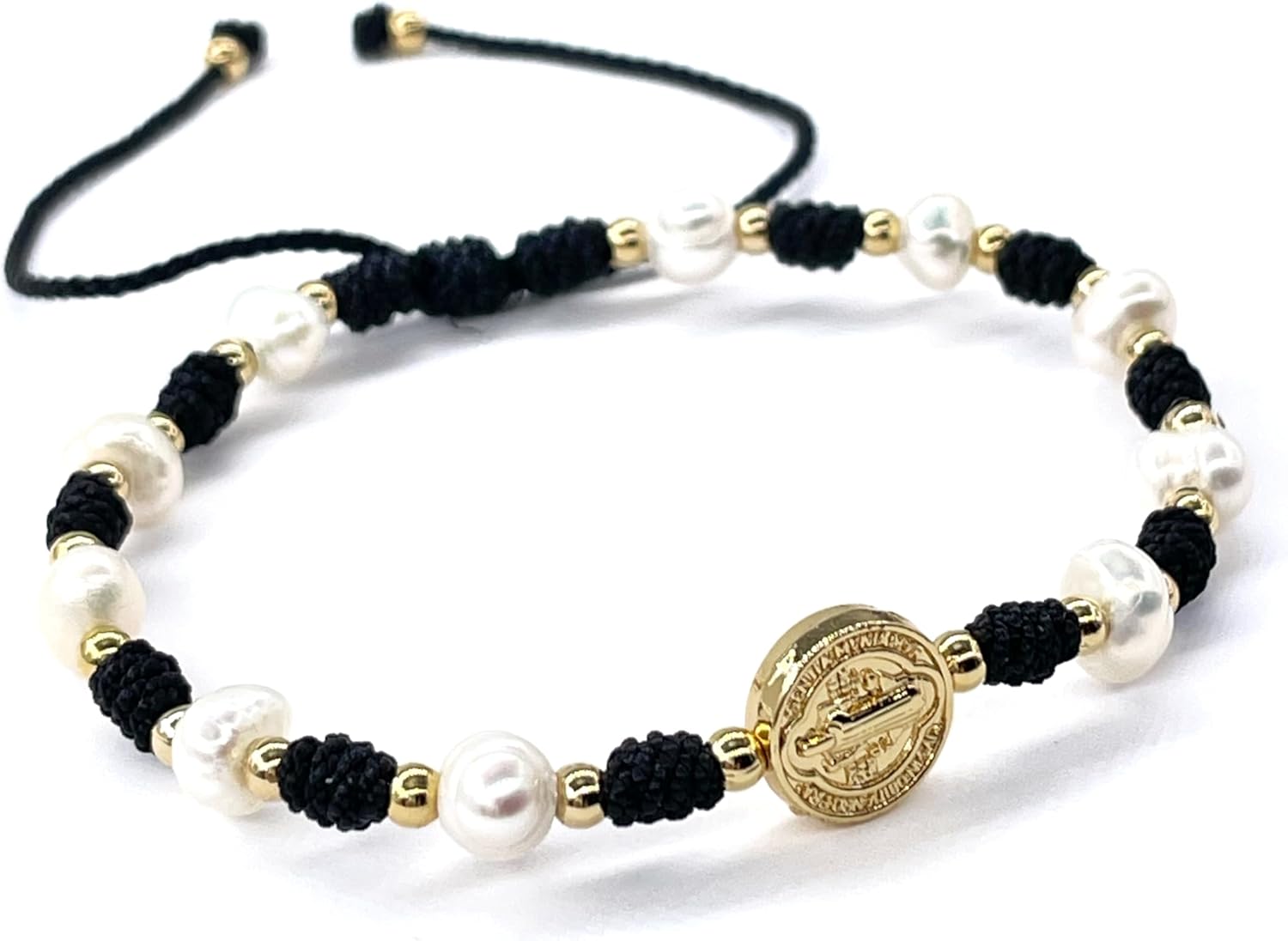 Cultured Freshwater Pearl Bracelet With St Benedict Medal on Adjustable Red String for Women