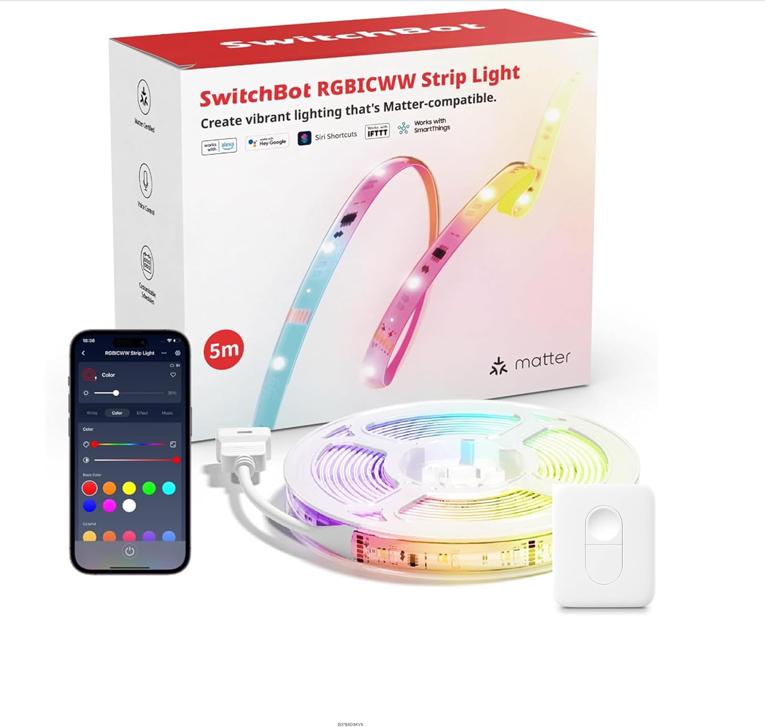 SwitchBot LED Strip Light 5M with Remote, 72 LEDs/m, Matter LED Lights Compatible with Apple Home, Alexa, Google Home, 16 Million Colors, Music Sync