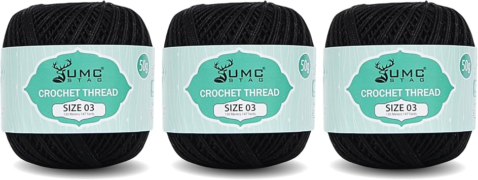 Size 3 Pack of 3 Crochet Thread | 100% Combed Mercerized Cotton | Oeko-TEX Certified | 50g Ball 400 Yards | Ideal for Lace, Tatting & Crochet Projects Black, Size 3 Pack of 3