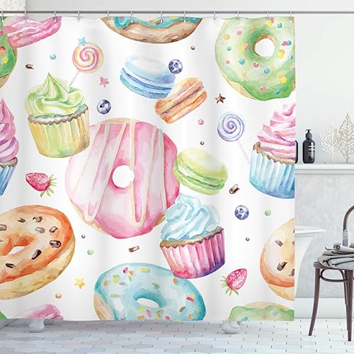 Ambesonne Sweets - Cortina de ducha, deliciosos cupcakes de macarrón, donas, muffins, azúcar, sabroso, delicioso, diseño de acuarela, juego de