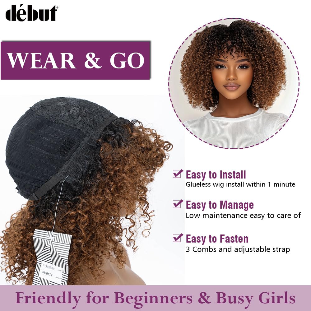 Glueless Bob Wigs Human Hair Ombre Auburn Brown Short Curly Wigs with Bangs Wear and Go Kinky Curly Brazilian Hair Wigs 200% Density for Black Women 14 Inch
