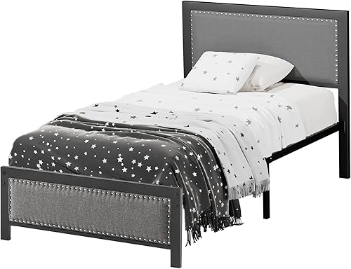 Miniatura 9 de VECELO Base de cama tamaño individual con cabecera tapizada, plataforma resistente con listones de acero fuertes, no necesita somier, fácil montaje,