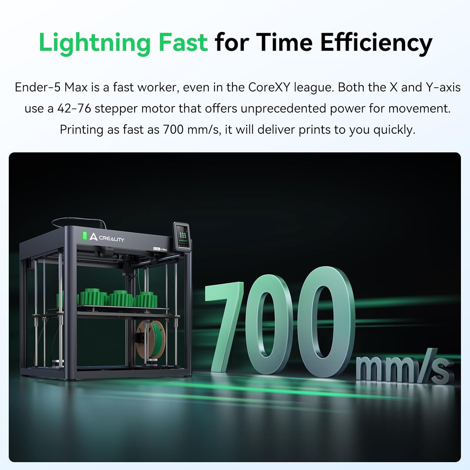 Creality Ender 5 Max 3D Printer printing at high speed, with a large '700 mm/s' graphic.