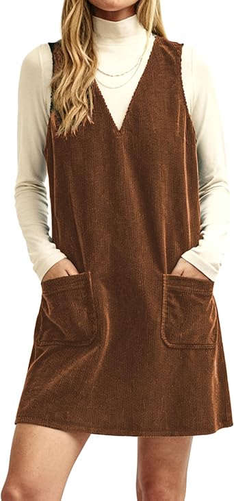 Athlisan Womens Corduroy V Neck Mini Dress A Line Pinafore Jumper Dress with Pockets
