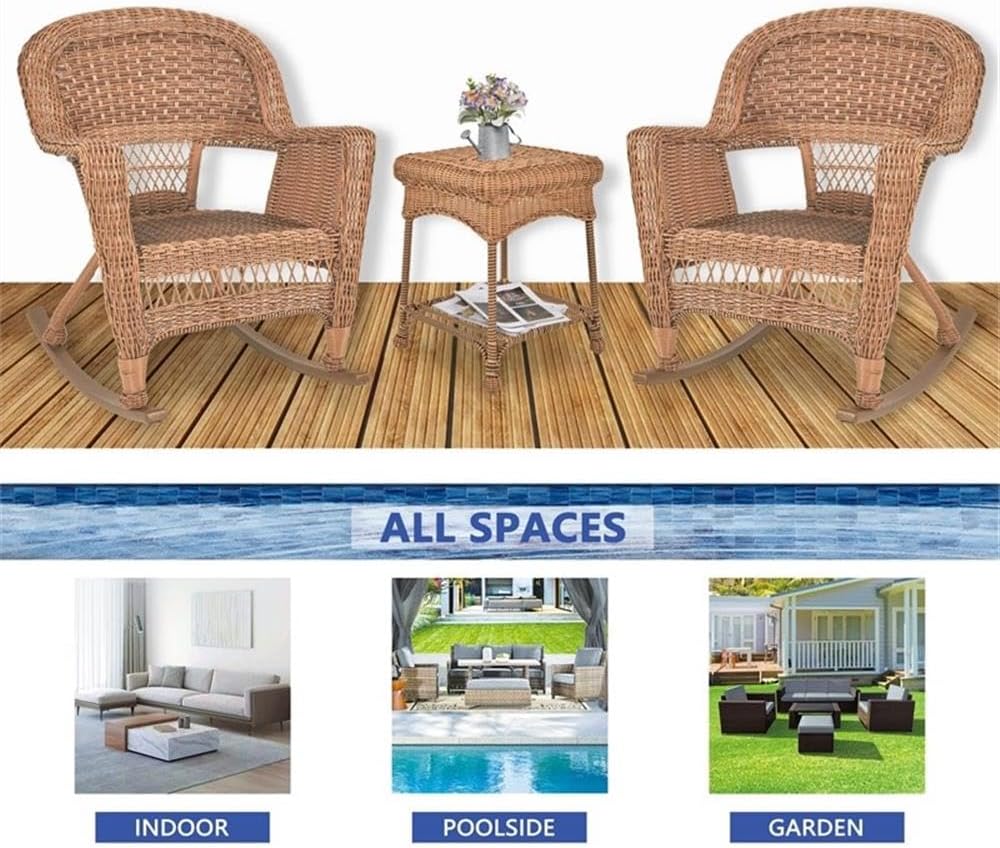 Pemberly Row 3-Piece Resin Wicker Outdoor Patio Rocker Chair Set, Honey Finish, All-Weather Wicker and Steel Frame, Includes 2 Rocker Chairs and 1 End Table, Durable Furniture for Patio or Poolside