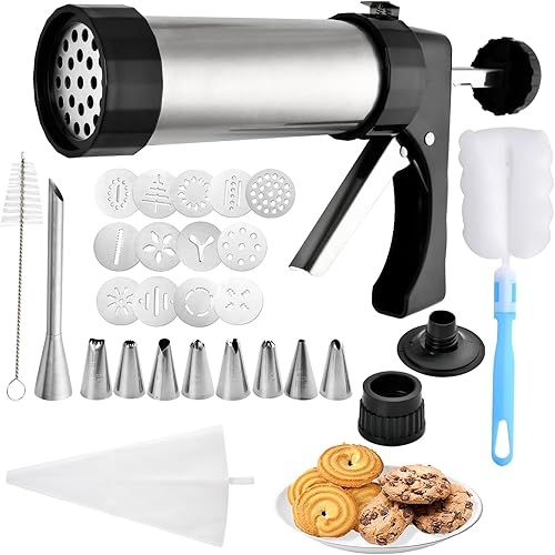 Supkiir Juego de prensa de galletas, pistola de prensa de galletas Spritz de acero inoxidable con 13 discos de galletas, 8 boquillas largas de punta