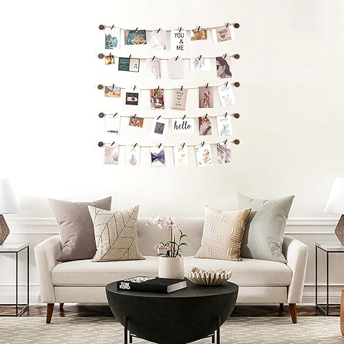 Miniatura 3 de Mkono Decoración de pared para colgar fotos, 5 cuerdas de yute con 30 clips, soporte para tarjetas de fotos múltiples, arte de pared para