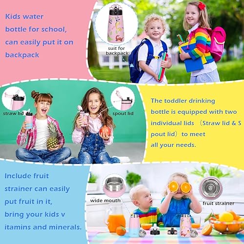 Miniatura 6 de GOPPUS Botella de agua de 12 onzas para niños con tapa de popote y tapa de boquilla, taza de acero inoxidable aislada al vacío, doble pared,
