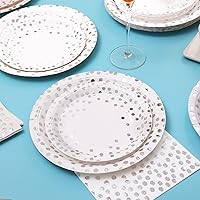 Vista 4 de Platos de papel plateado y servilletas para fiestas, platos blancos y plateados para 24, 168 piezas de decoraciones de fiesta plateadas para boda