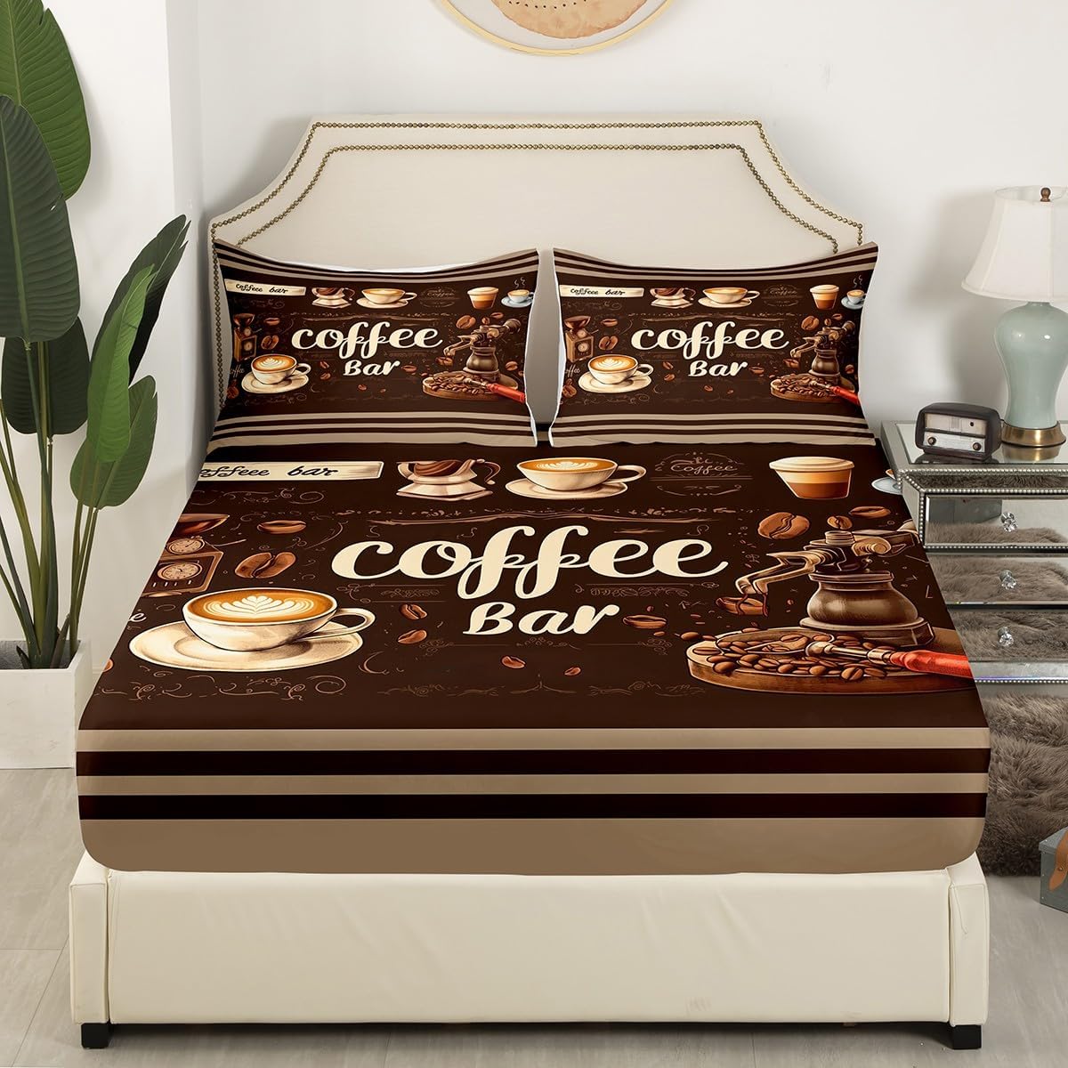 Erosebridal Coffee Bar Bed Sheets Set Queen Size Coffee Lovers Cafe Bean and Cups Sheets, Rustic Farmhouse Plaid Lines Sheet Set Vintage Brown Grunge Coffee Decorations Bed Set 2 Pillowcases