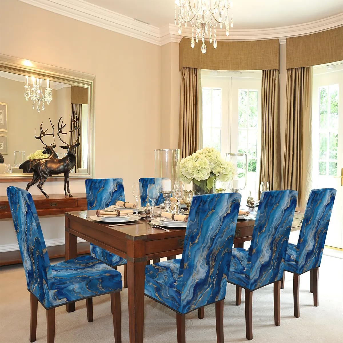 Blue Liquid Marble Dining Chair Covers Set of 2 Kitchen Stretch Chair Cover Removable Washable Parson Seat Slipcover Folding Dining Room Chair Protective Cover for Party Decor