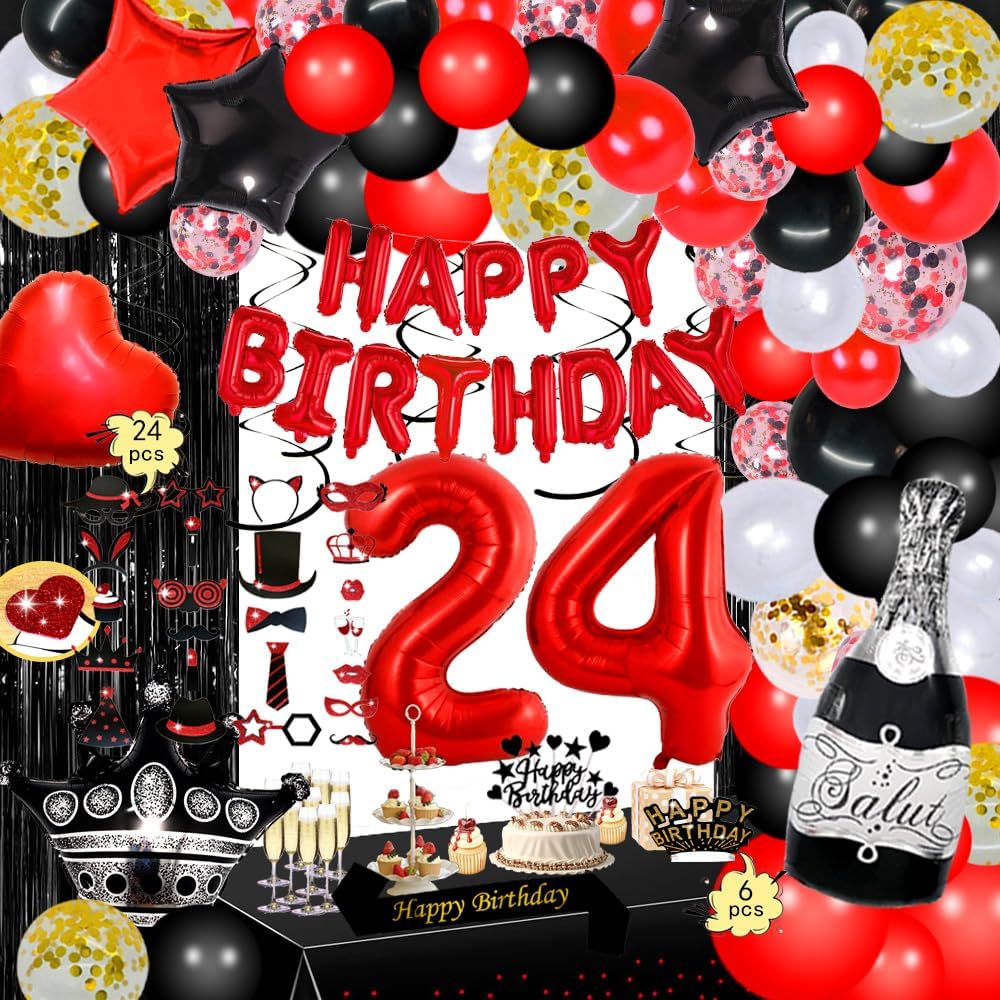 QYIMMIO 24th Happy Birthday Decorations Kit, Red Happy