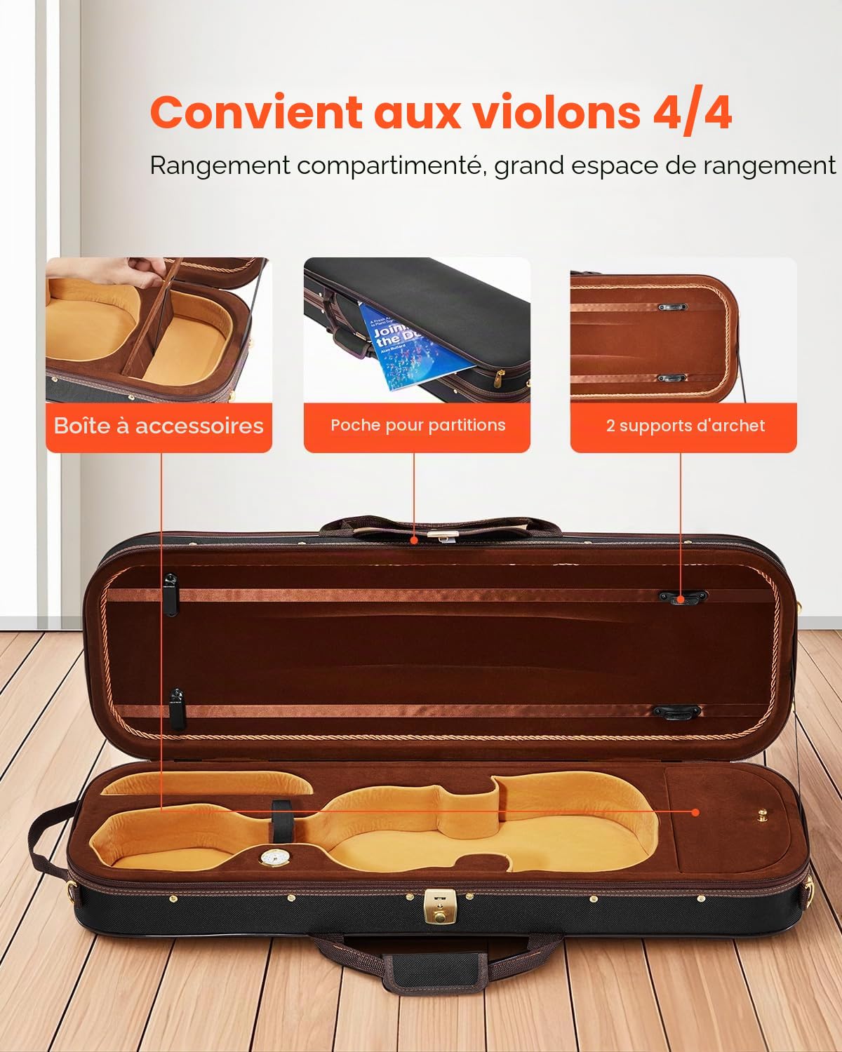VEVOR Étui pour Violon 4/4, en Nylon, Léger et Portable, Hygromètre Intégré, avec Doublure en Peluche, Double Bandoulière, Anti-Rayures, de Forme Oblongue Professionnelle, Transport Confortable, Noir