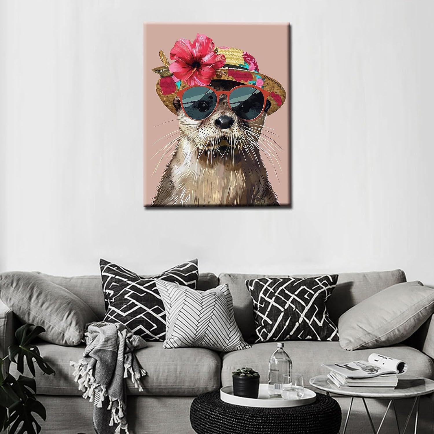Tucocoo Sea Otter with Flowers Hat and Sunglasses Paint by Number Lovely Animal DIY Painting on Canvas with Brushes Acrylic Paints Paint by Numbers for Adults and Kids Beginner 16x20 Inch（DIY Frame）