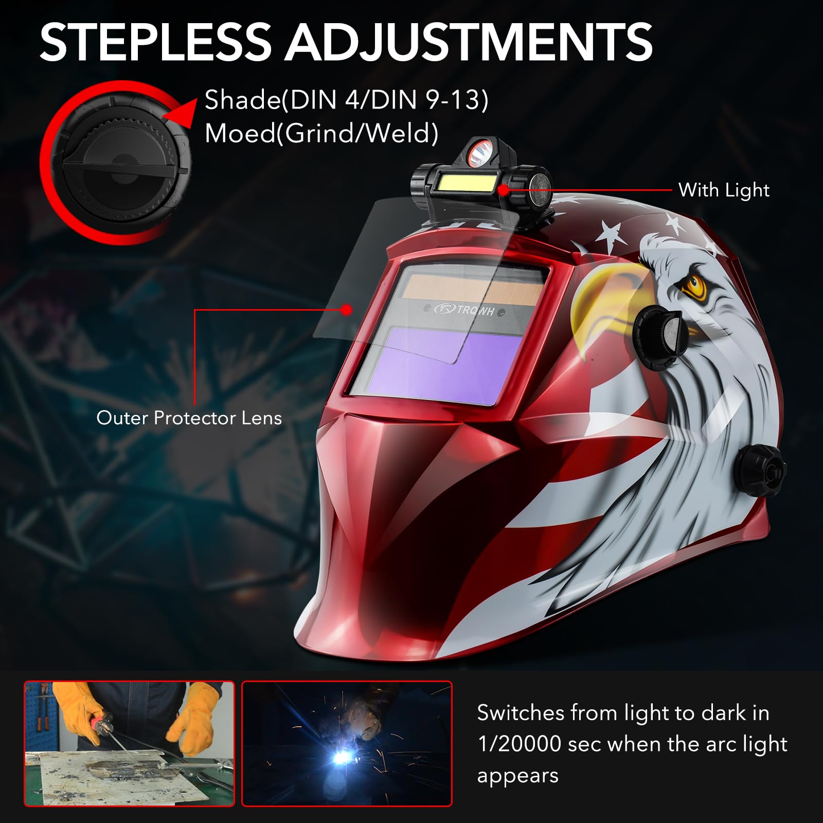 TRQWH Welding Helmets for Men Auto Darkening Welding Hood with Light