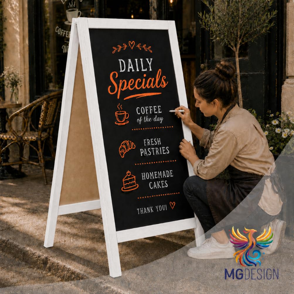 MG Design Pizarra caballete de madera 60 × 120 cm – pizarra negra de doble cara con marco blanco, plegable y fácil de limpiar, ideal para menú de bar, restaurante o tienda