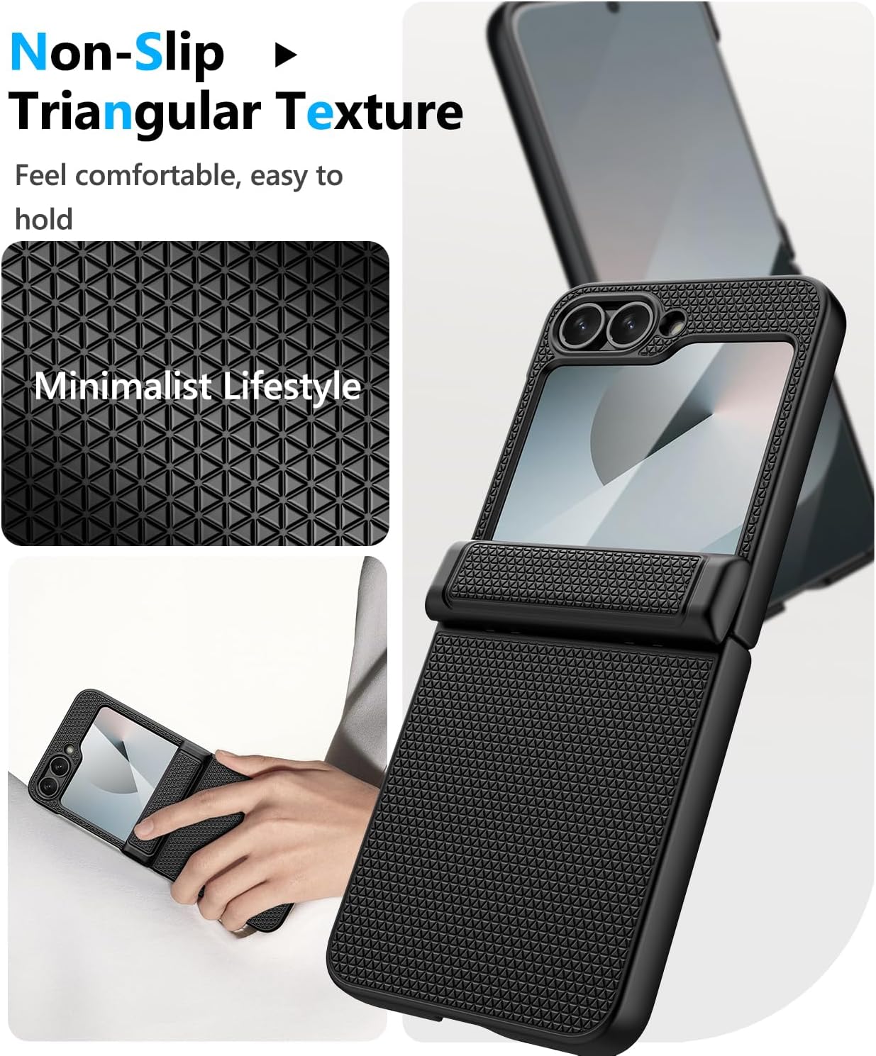 Vihibii for Samsung Galaxy Z Flip 6 and Z Flip 7 FE Case with Rugged Hinge Protection & Outer Screen Protector, Slim Stylish Texture Non-Slip & Raised Edges Shockproof Protective Phone Cover 5G, Black