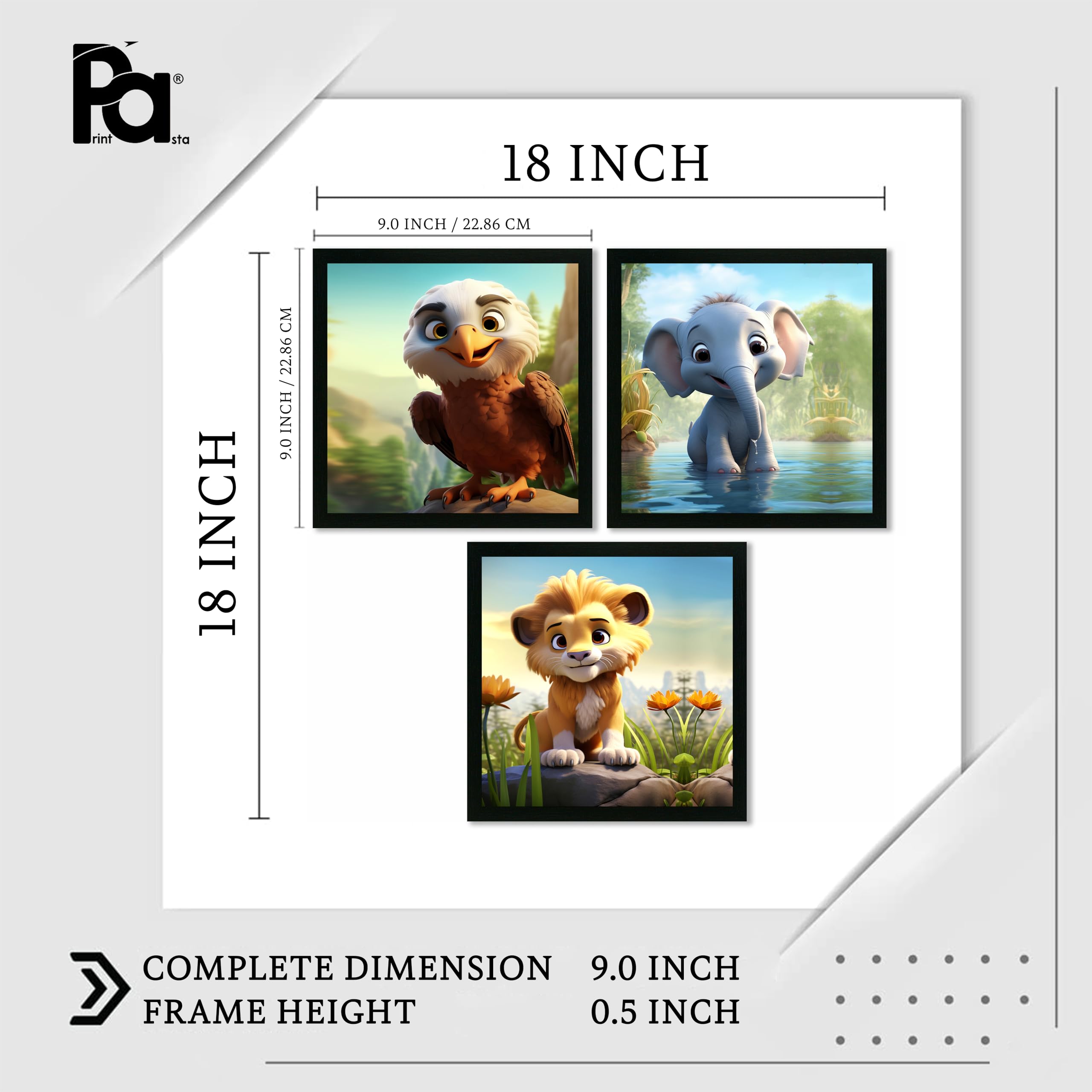 Printasta - 3D Animal Print Photo Frames for Kids Rooms - Frames for Kids Room Wall Decoration - Wall Frames for Office, School and Home, 9x9 Inch - Set of 3 3