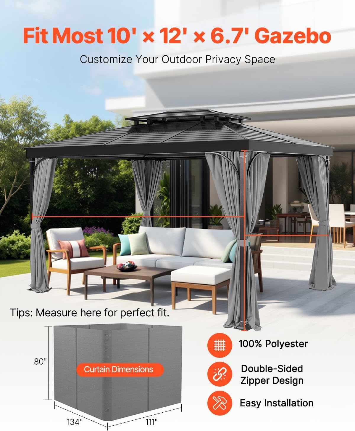 VEVOR Gazebo Curtains Outdoor, Fit 12' x 10' x 6.7' Gazebos, 4-Panel Sidewall Gazebo Privacy Curtains with Zippers, Outdoor Curtain Replacement for Patio Canopy, Only Curtain, Gray