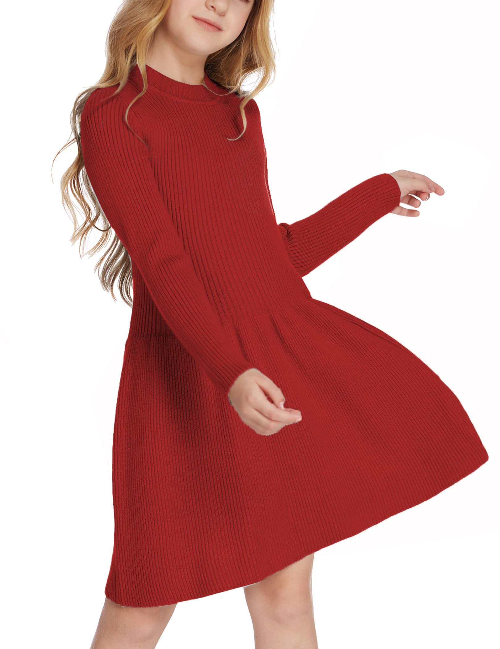 Arshiner Mädchen Pullover Kleid Herbst Winter Kleid Langarm Strickkleid Flare Skater Kleid A-Linie Einfarbig Basic Kinder Freizeitkleid
