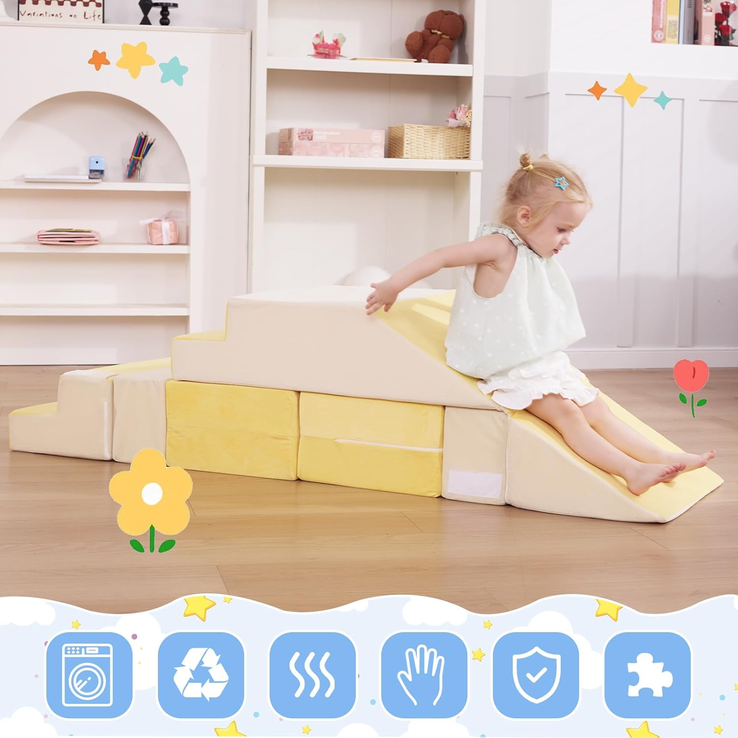 Kids Couch, Modular Toddler Couch, Kids Sofa with Ottomans, Foam Play Blocks, Climbing Playset with Slide Stairs, Convertible Plush Sofa for Playroom