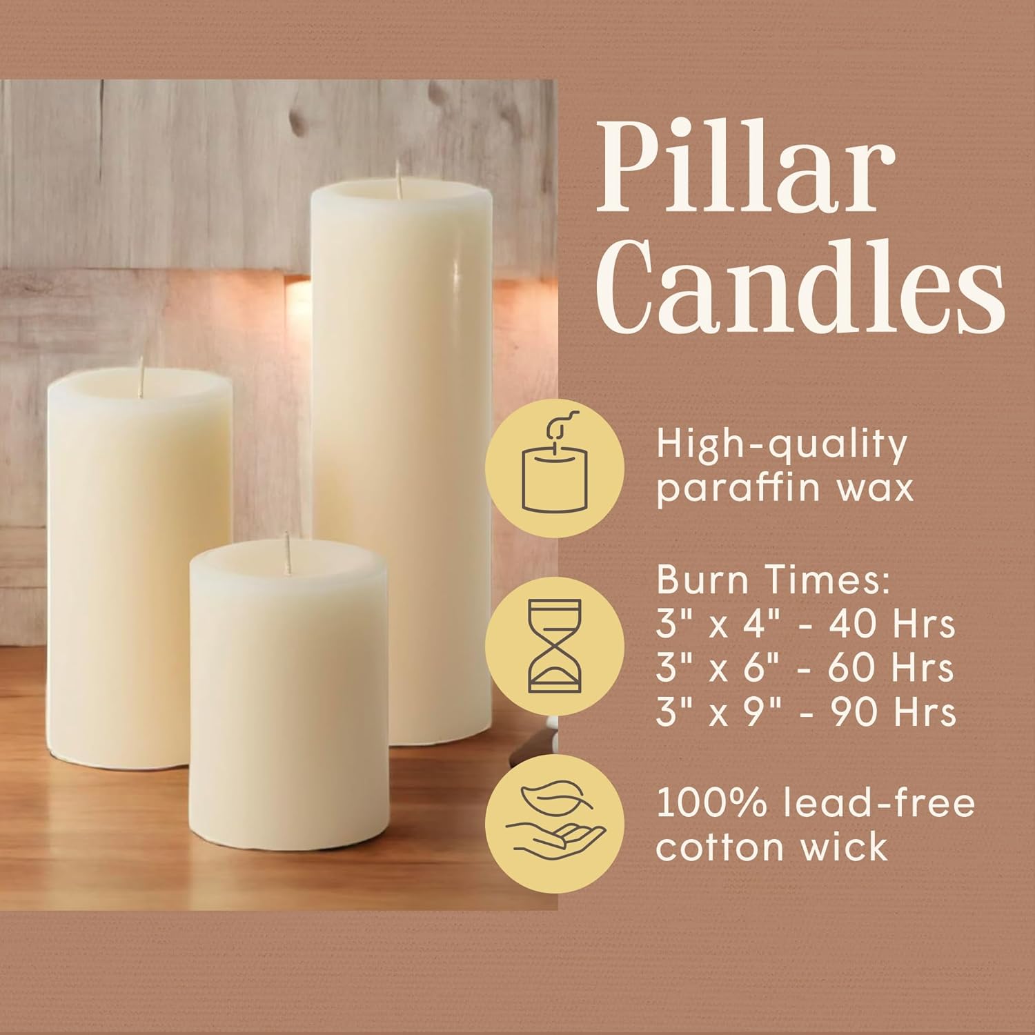 Mister Candle Ivory Unscented Dripless Candles Set of 3, 3 Inch Diameter, Hand Poured, Premium Wax, Decorative Pillar Candles (3" x 4", 3" x 6", and 3" x 9", Ivory) - Image 3