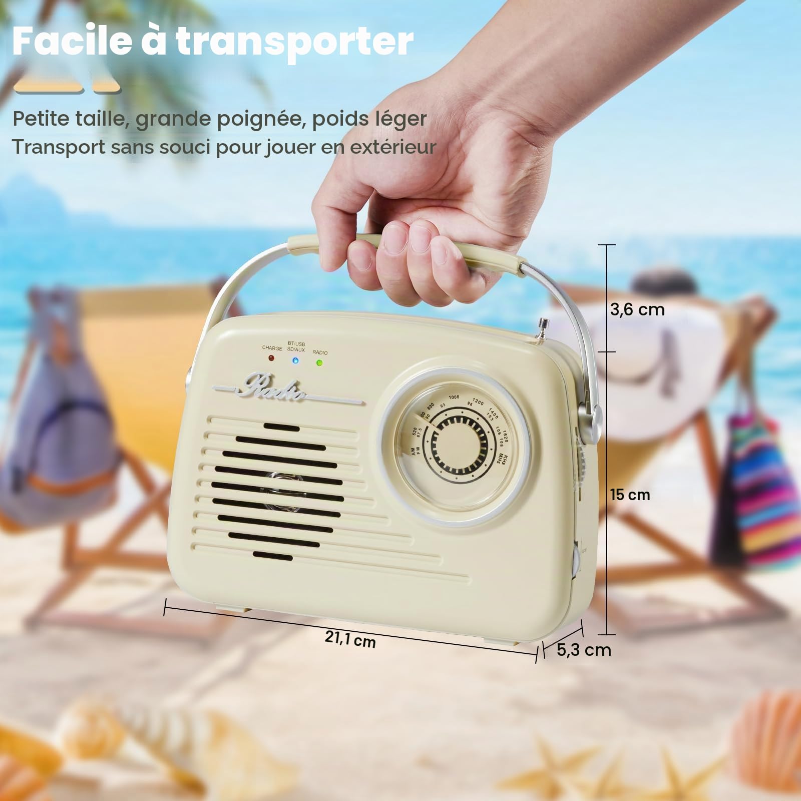 Radios AM FM portables, alimentées par piles et à brancher au mur pour la maison/extérieur/la cuisine, radio rétro vintage avec Bluetooth, grand cadran facile à utiliser (beige)
