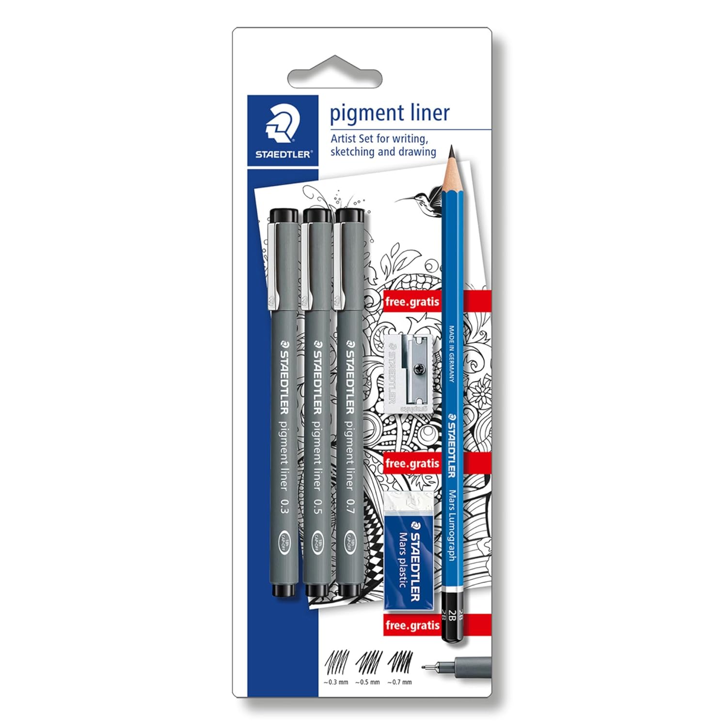 Idena 90338 Notebook DIN A4 with 192 Blank Pages, Includes Staedtler Artist Set with 3 Pigment Liners, Pencil, Sharpener and Eraser