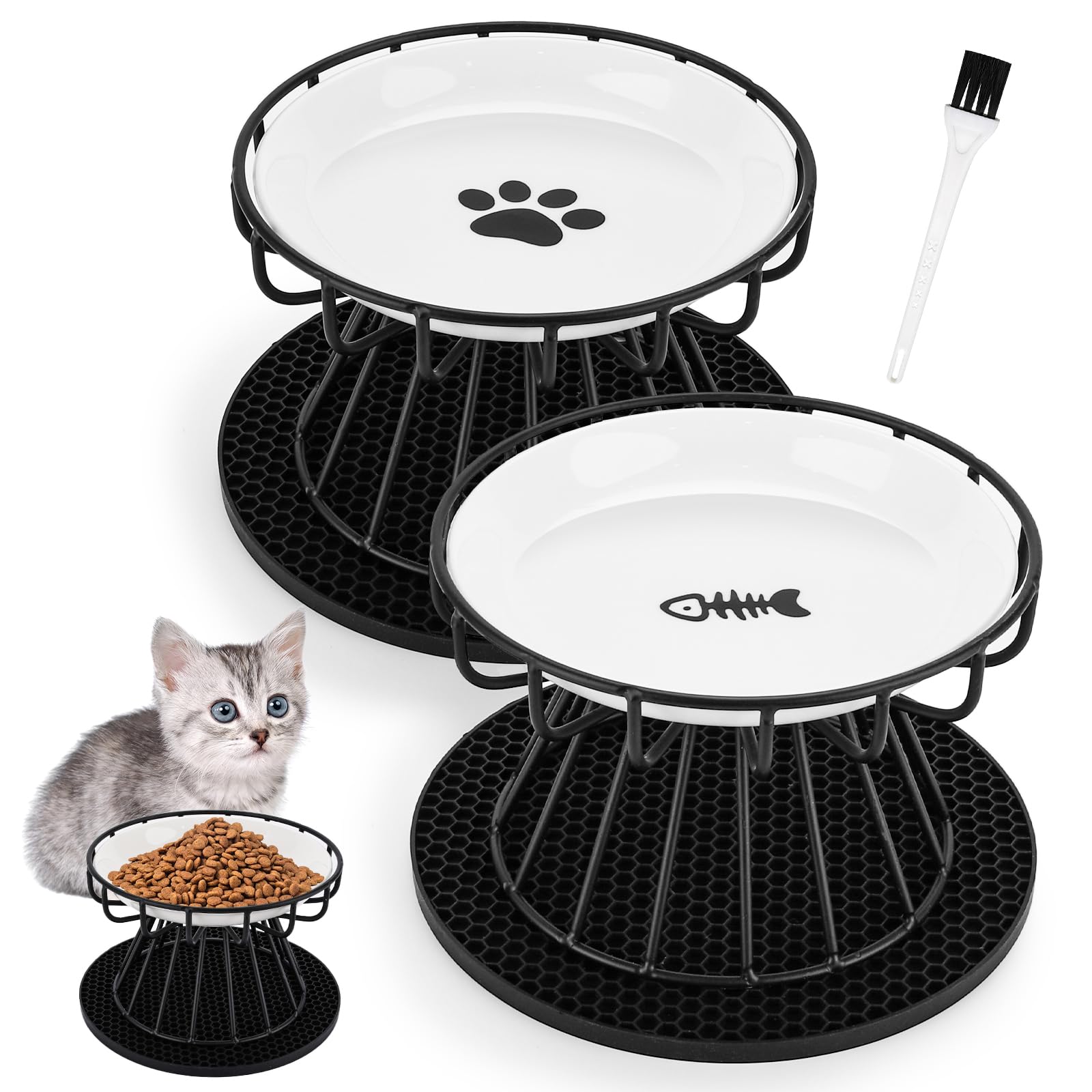 Lannvan Verhoogde Kattenbak, Set Van 2 Keramische Voerbakken Met Bakonderlegger Siliconen Ergonomisch Voederstation 15 Graden Gekantelde Hondenbak Voederbak En Waterbak Voor Katten 1020957276