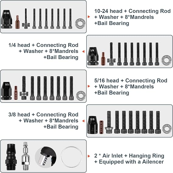 Clatoon Pneumatic Rivet Nut Gun with 10-24, 1/4, 5/16, 3/8 SelfLocking Head