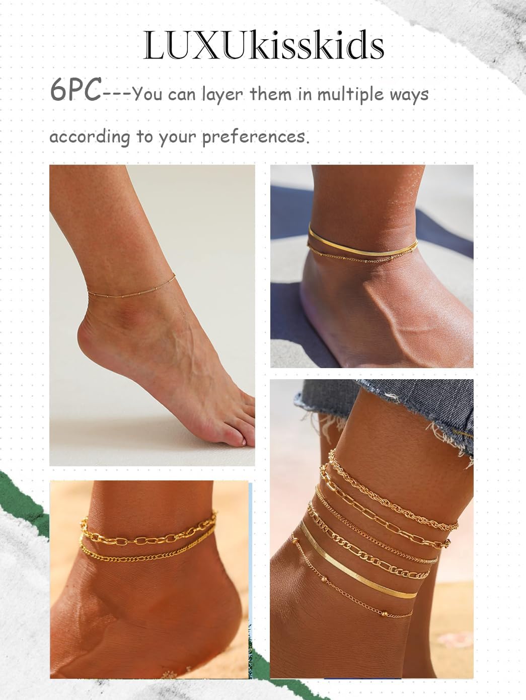 6PCS Gold Anklets Set for Women - 14K Gold Plated Non Tarnish Hypoallergenic Stainless Steel Adjustable Cuban Link Chain Ankle Bracelets Layered Beach Vacation Jewelry Gift - Image 3