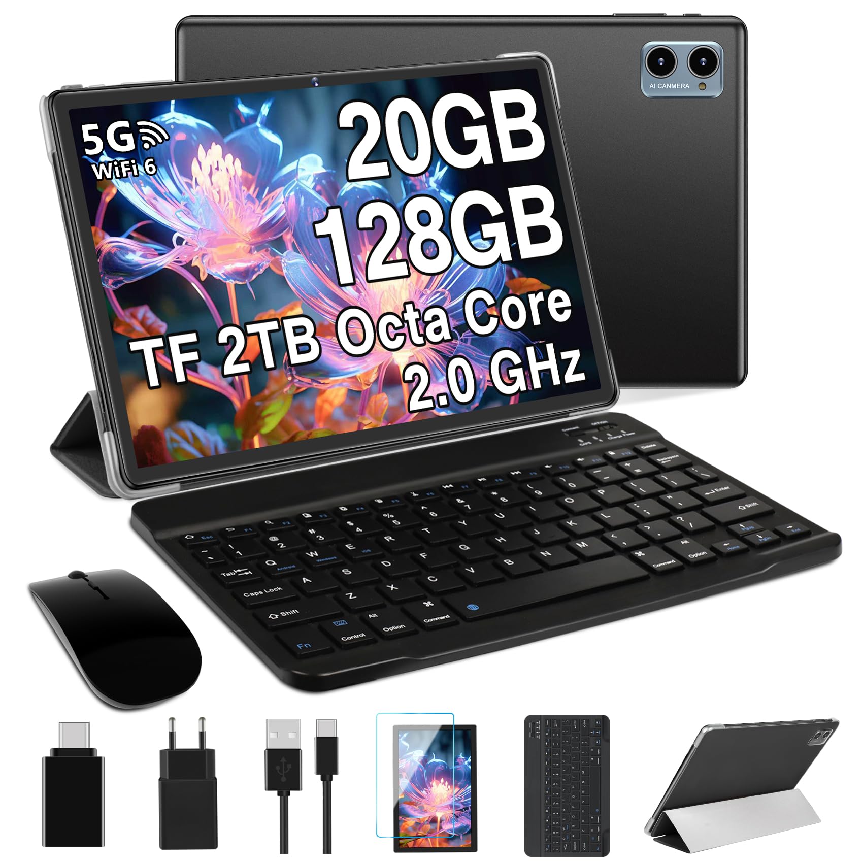 Tablet Android 10 Pulgadas 20GB RAM 128GB ROM Octa-Core 2.0 GHz WiFi 6 Bluetooth 5.0 Batería 6000mAh Negro