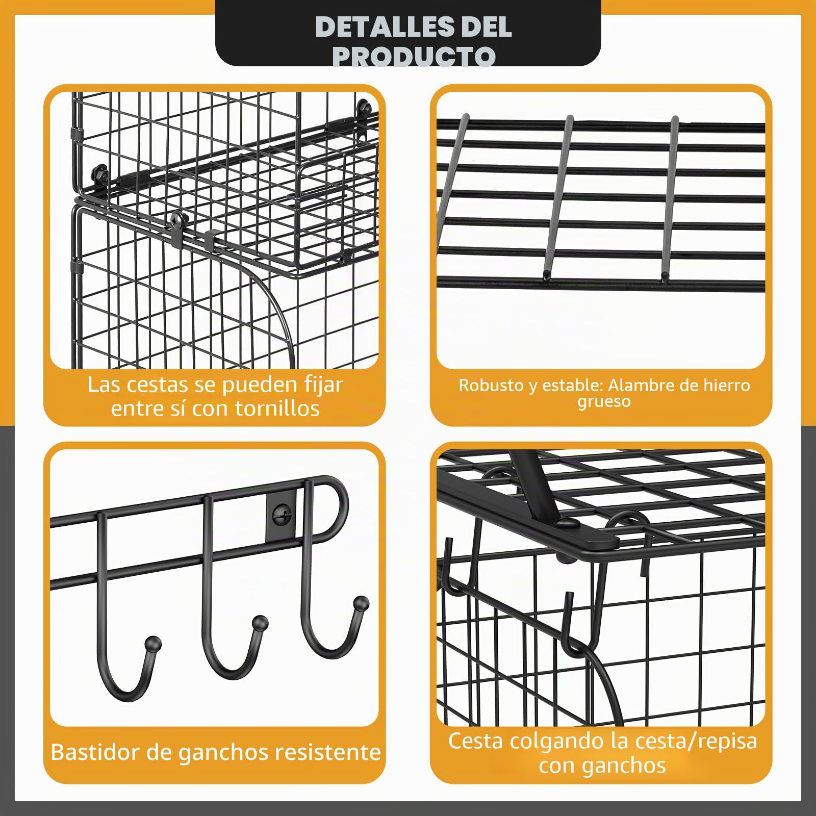 ThreeHio - Paquete de 2 estantes de garaje para pared con cestas de alambre, resistente, con ganchos, organizador de herramientas para el hogar, jardín, garaje, organización y almacenamiento