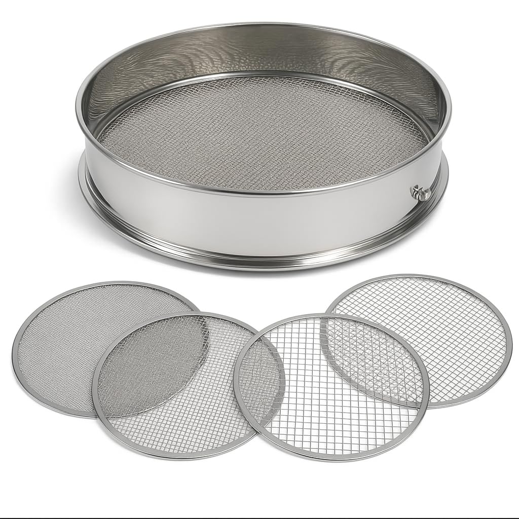 IRSTBL Setaccio da giardino in acciaio inox 304 resistente, con 4 reti intercambiabili (2 mm, 5 mm, 8 mm, 10 mm) per terreno, compost e bonsai, 30 cm